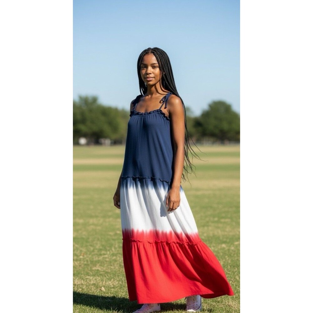 NWT Anna & Ava womens spaghetti strap tiered red/white/blue maxi dress One Size